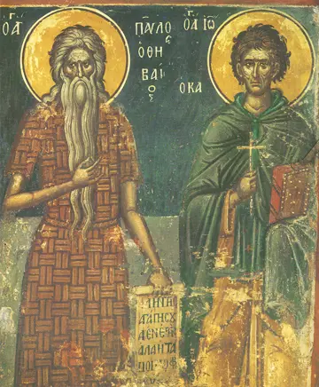 Icon of SS Paul of Thebes and John Kalybites (Cretan, 1545) - CS1069