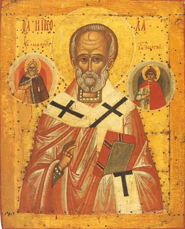 Icon of Saint Nicholas with Prophet Elias (Elijah) and Saint George (Russian, ca. 1500) - CS922