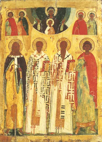 Icon of SS Elias (Elijah) the Prophet, with Nicholas, Basil the Great, and George w/ Theotokos (15th c.) - CS961