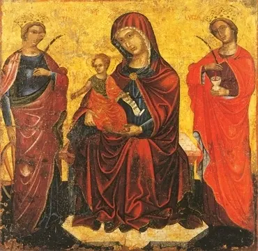 Icon of the Panagia "Mother of Consolation" with SS Catherine & Lucy (17th c.) - CT911