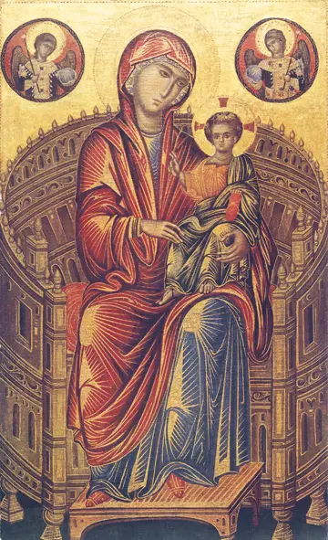 Icon of the Theotokos Enthroned w/ Christ Child (Byzantine, 13th c.) - T97